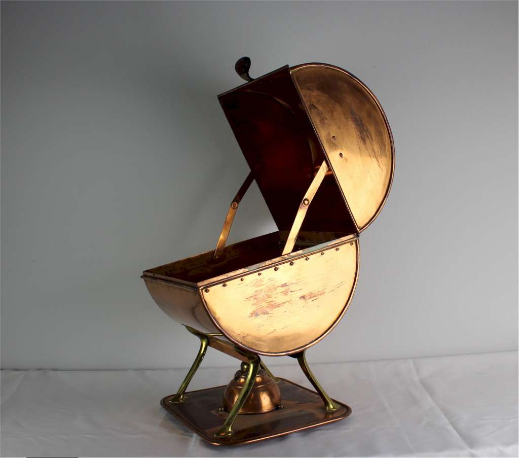 Arts and Crafts copper and brass plate warmer by W.A.S Benson stamped hammer marks Metalware
