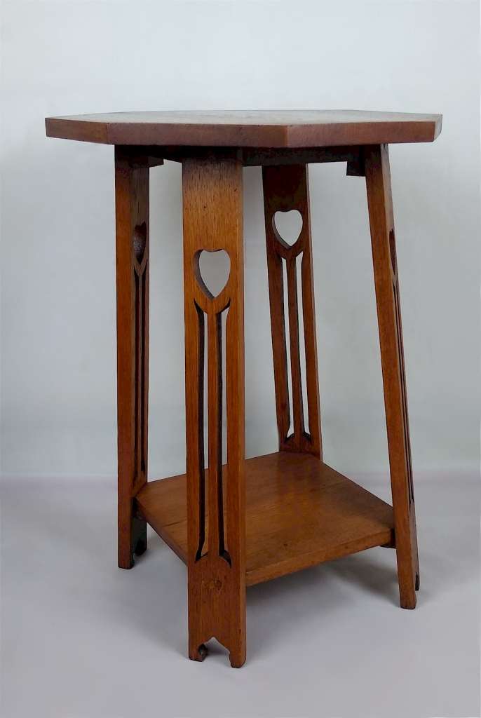 Arts and crafts side table in oak with hearts