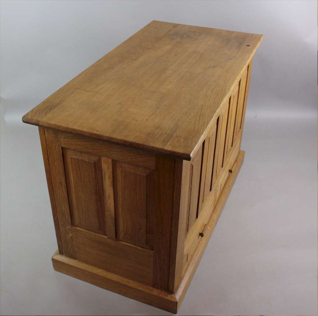 Oak blanket box with fielded panels in the manner of Heals and the