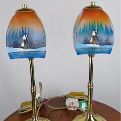 Pair of arts and crafts lights hand painted shades