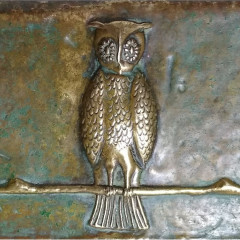 Arts and crafts brass fire fender with owls