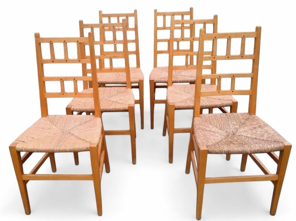 6 arts and crafts chairs , satin birch , ebony dowels