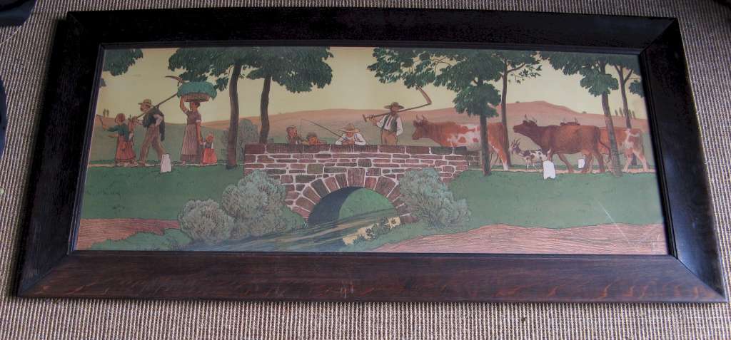 Arts and Crafts large oak framed nursery lithograph of country folk by R.V.Volkmann