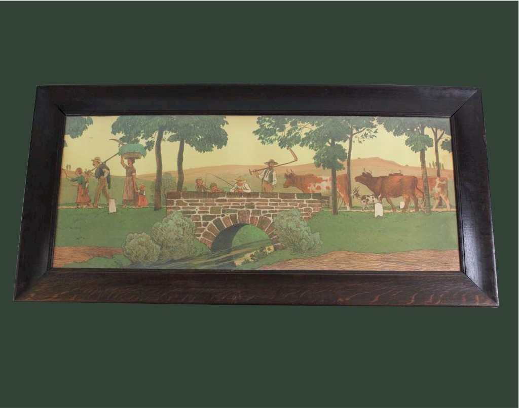 Arts and Crafts large oak framed nursery lithograph of country folk by R.V.Volkmann