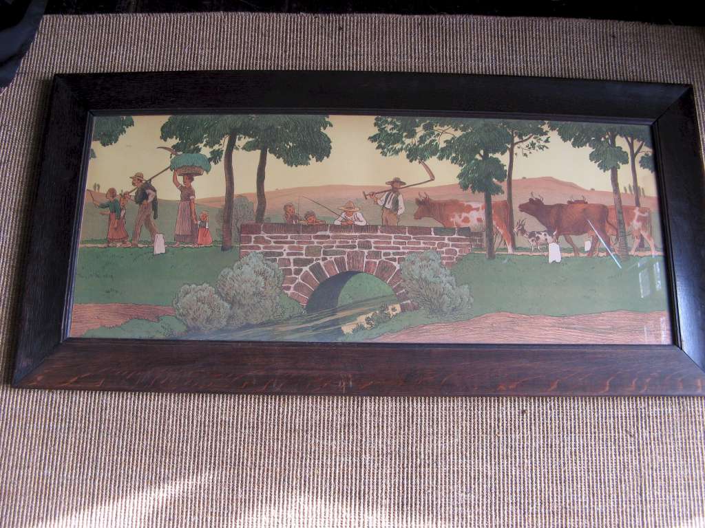 Arts and Crafts large oak framed nursery lithograph of country folk by R.V.Volkmann