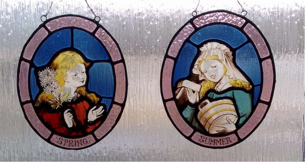 Pair of Victorian painted glass panels , Spring & Summer Art Furniture
