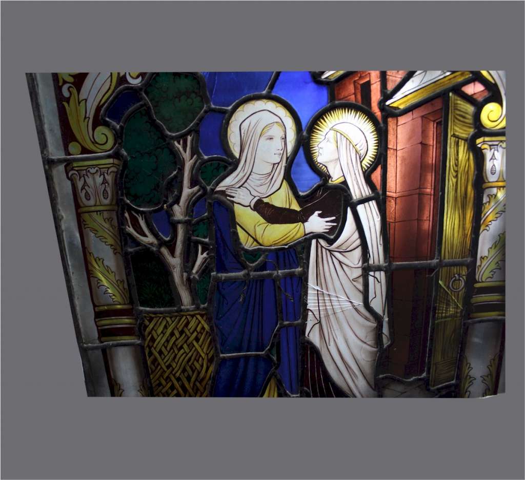 Religious stained glass with two female figures SOLD Art Furniture