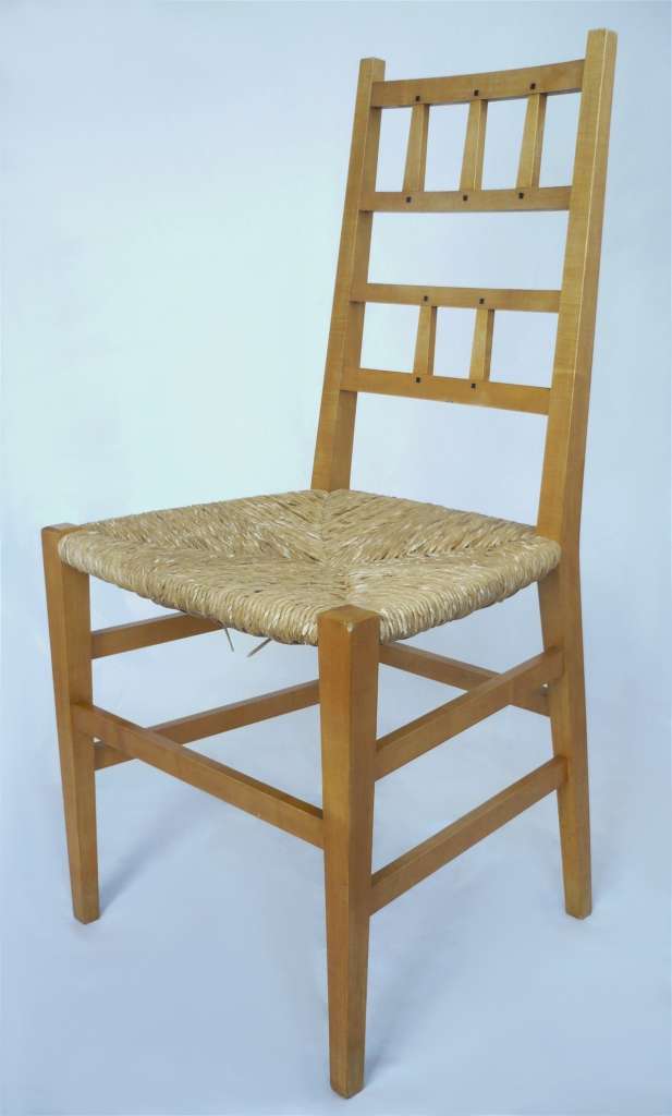 6 arts and crafts chairs , satin birch , ebony dowels