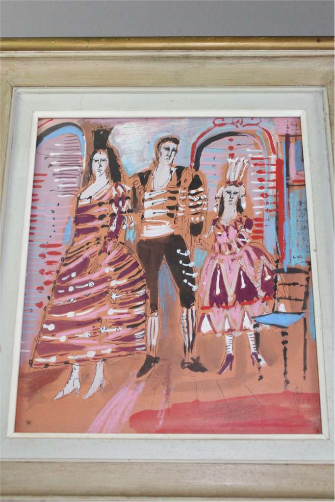 1960's gouache painting of three figures and a chair signed Ash 1967 ...