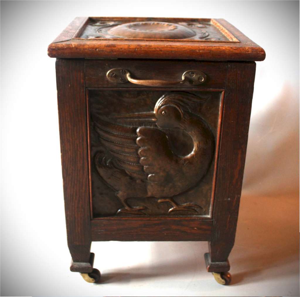 Good oak and copper arts and crafts coal box