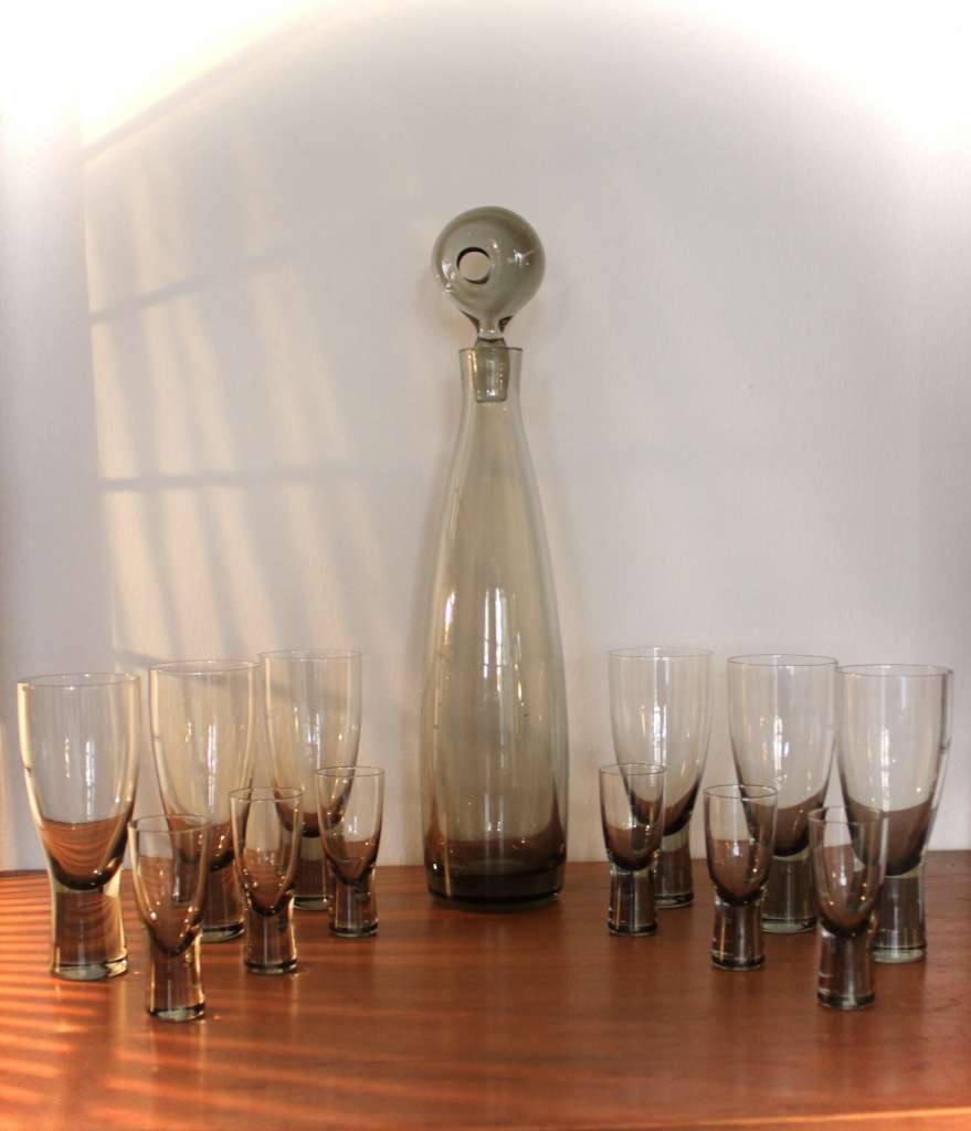 Per Lutken smoky grey glass Aristocrat decanter and twelve glasses.