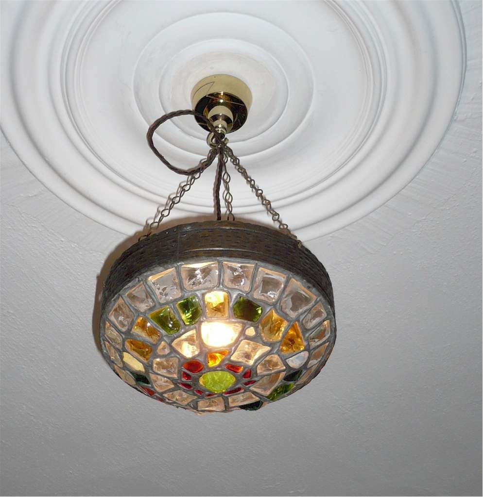 Arts and crafts hanging light glass and brass