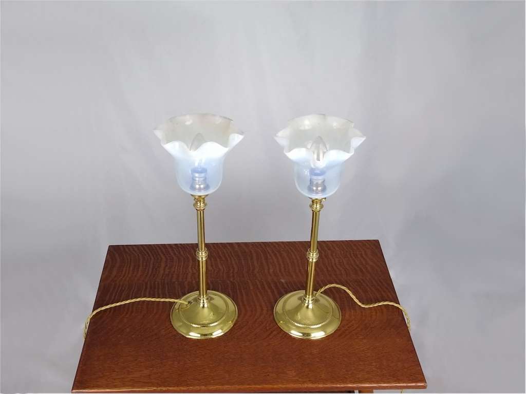 Pr Arts and crafts table lamps , vaseline shades