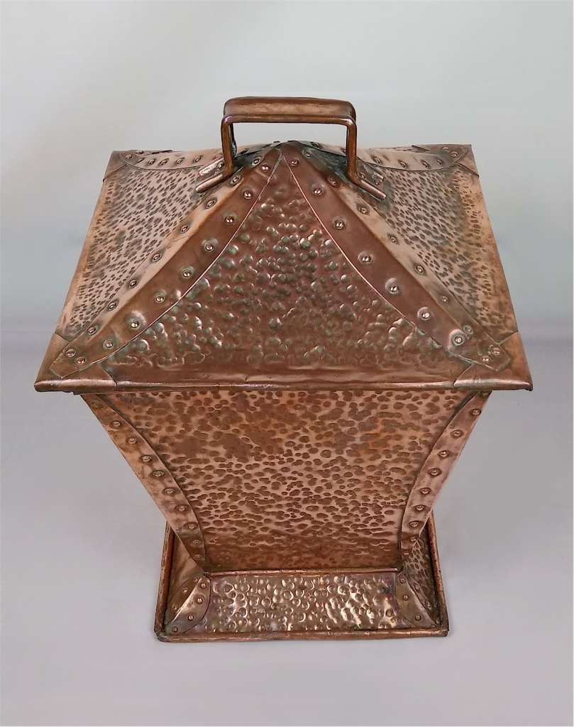 Arts and crafts coal box in hammered copper