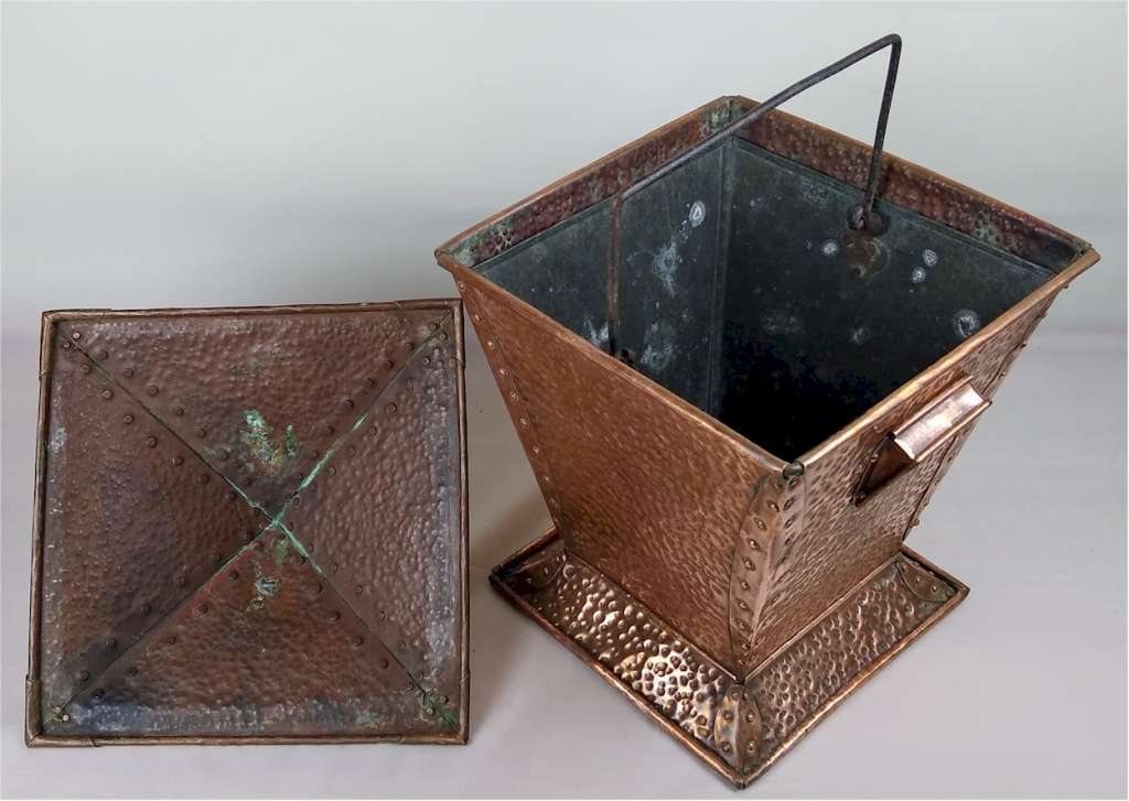 Arts and crafts coal box in hammered copper