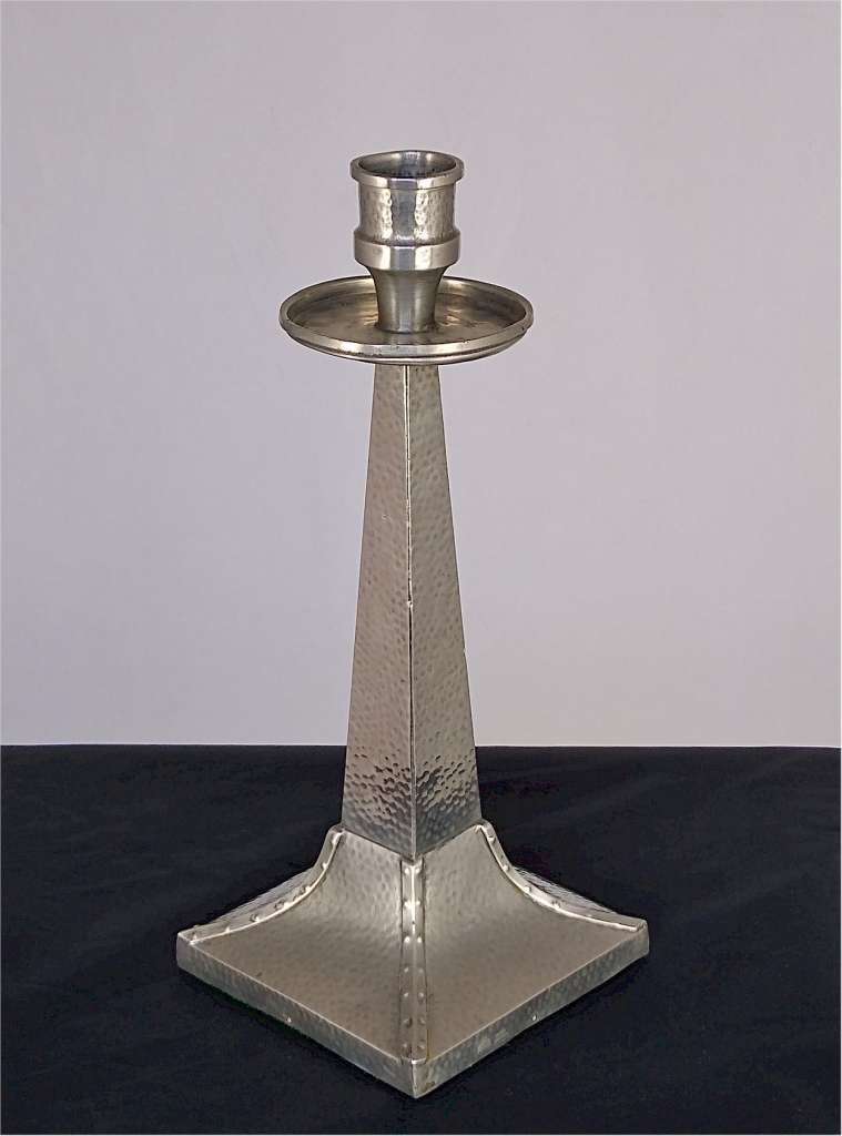 Arts and crafts candlestick in hammered pewter