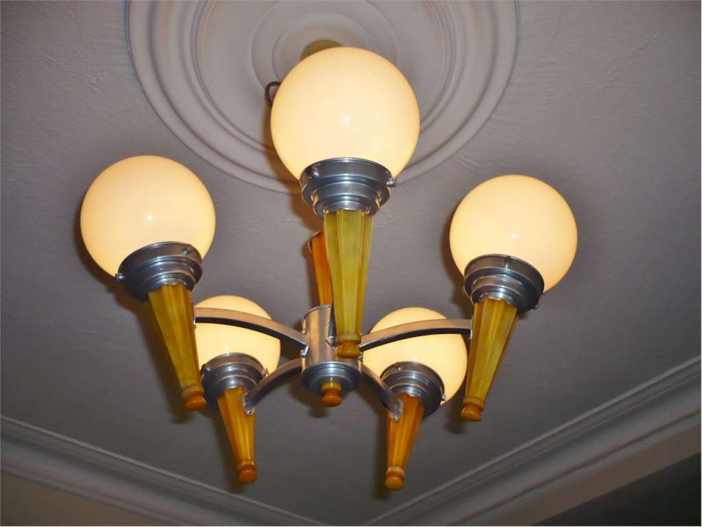 Art Deco phenolic and aluminium 5 arm ceiling light