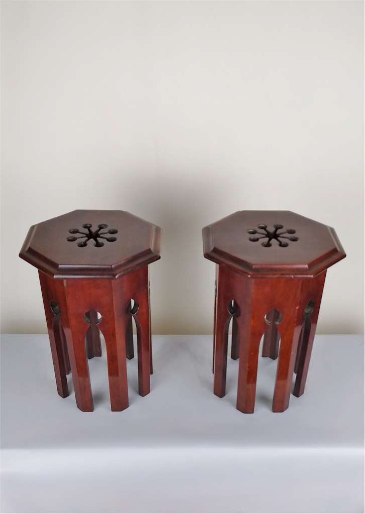 Pr of miniature Moorish tables in mahogany