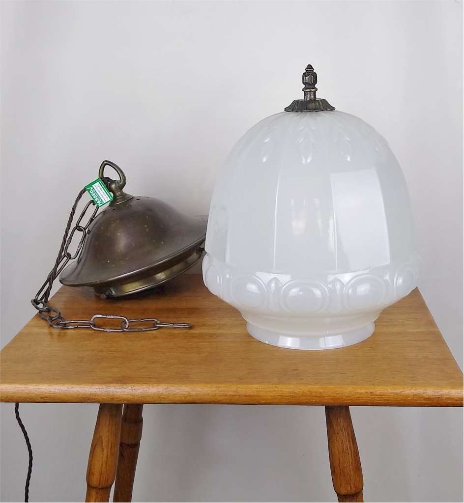 Large milk glass ceiling light , pressed flowers