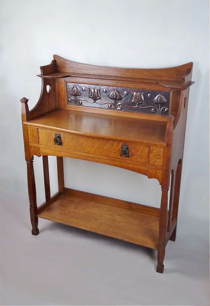 Arts and crafts hall table in oak and copper