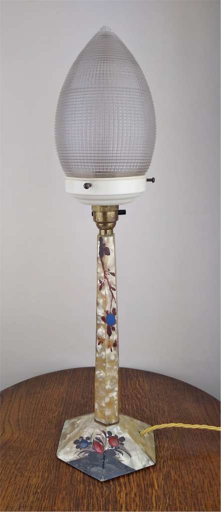 1930's cellulose table lamp with prismatic glass shade