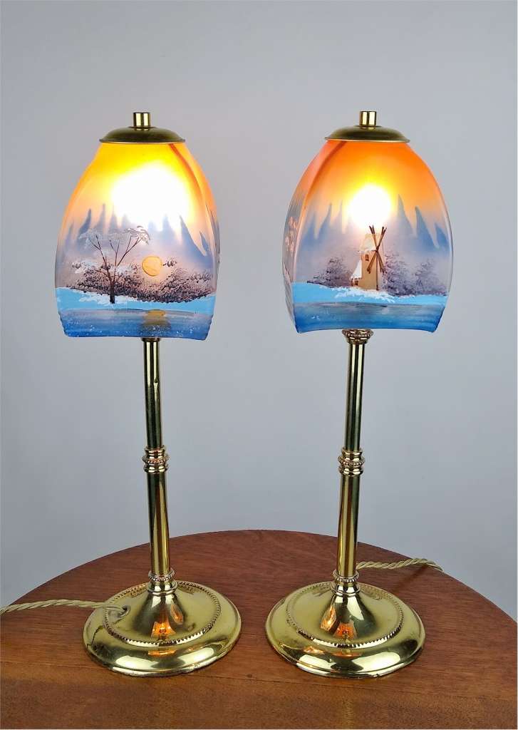 Pair of arts and crafts lights hand painted shades