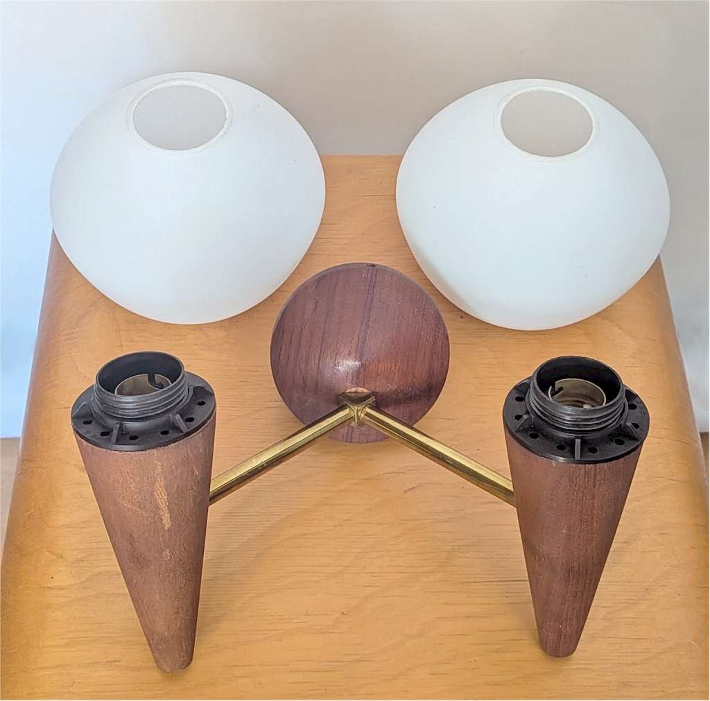 1960's wall lights teak and brass
