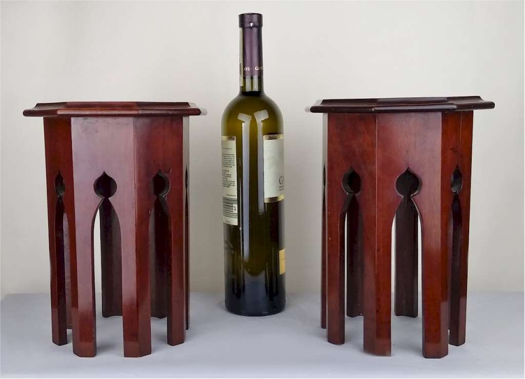 Pr of miniature Moorish tables in mahogany