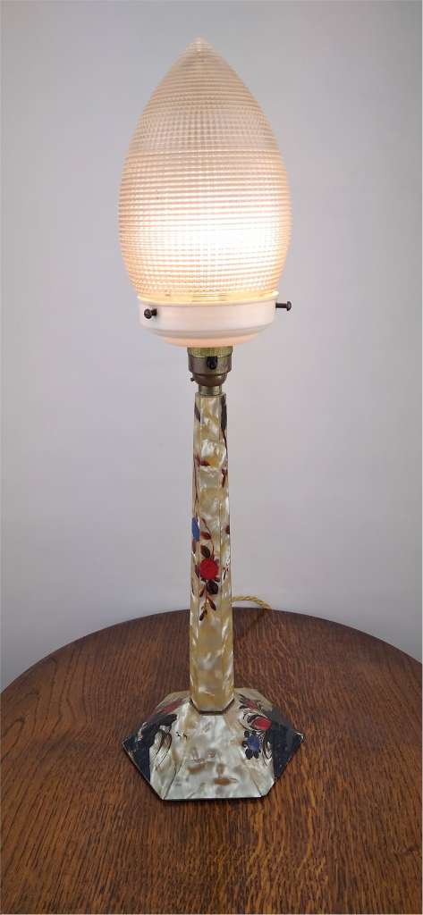 1930's cellulose table lamp with prismatic glass shade