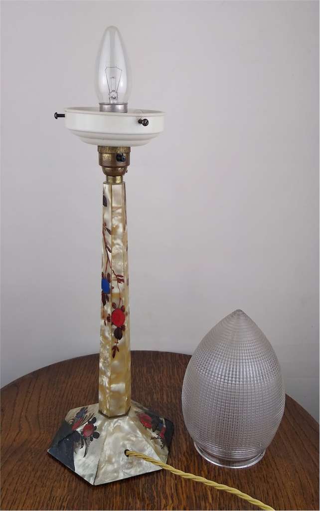 1930's cellulose table lamp with prismatic glass shade