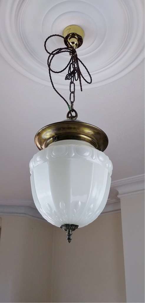 Large milk glass ceiling light , pressed flowers