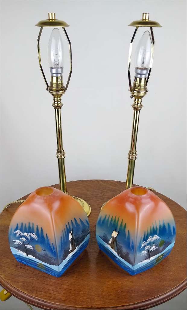 Pair of arts and crafts lights hand painted shades