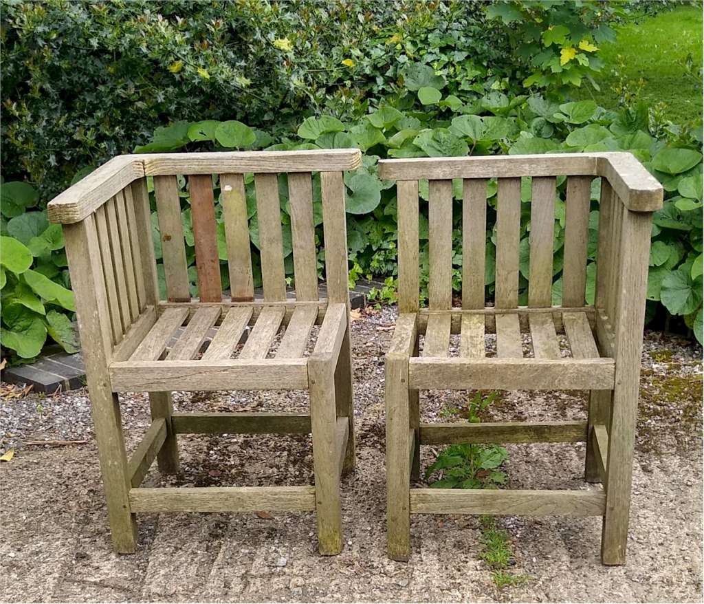 Pr Heals garden chairs / bench in teak