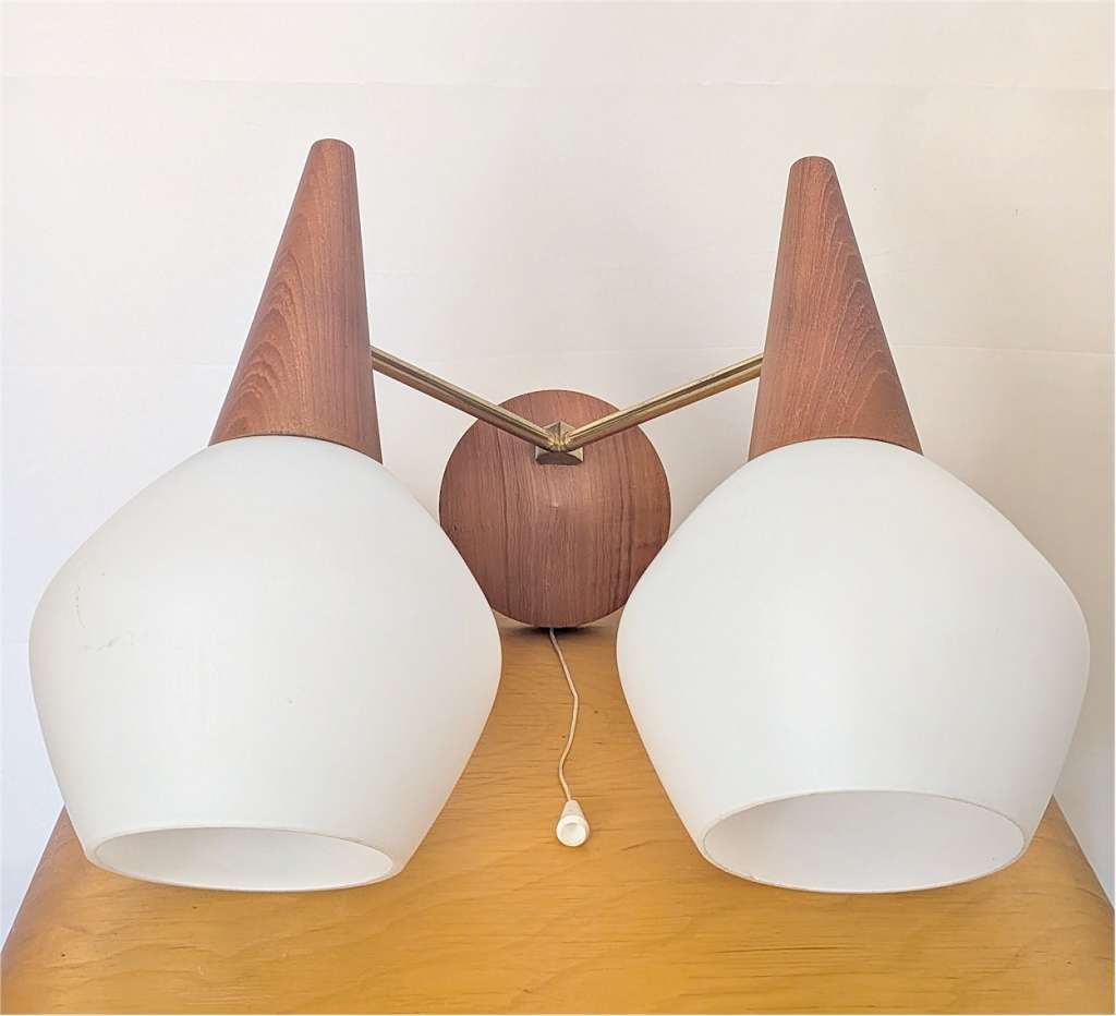 1960's wall lights teak and brass