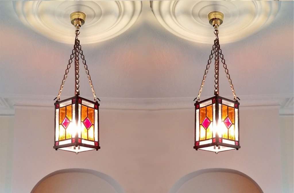 PAIR of leaded glass ceiling lights