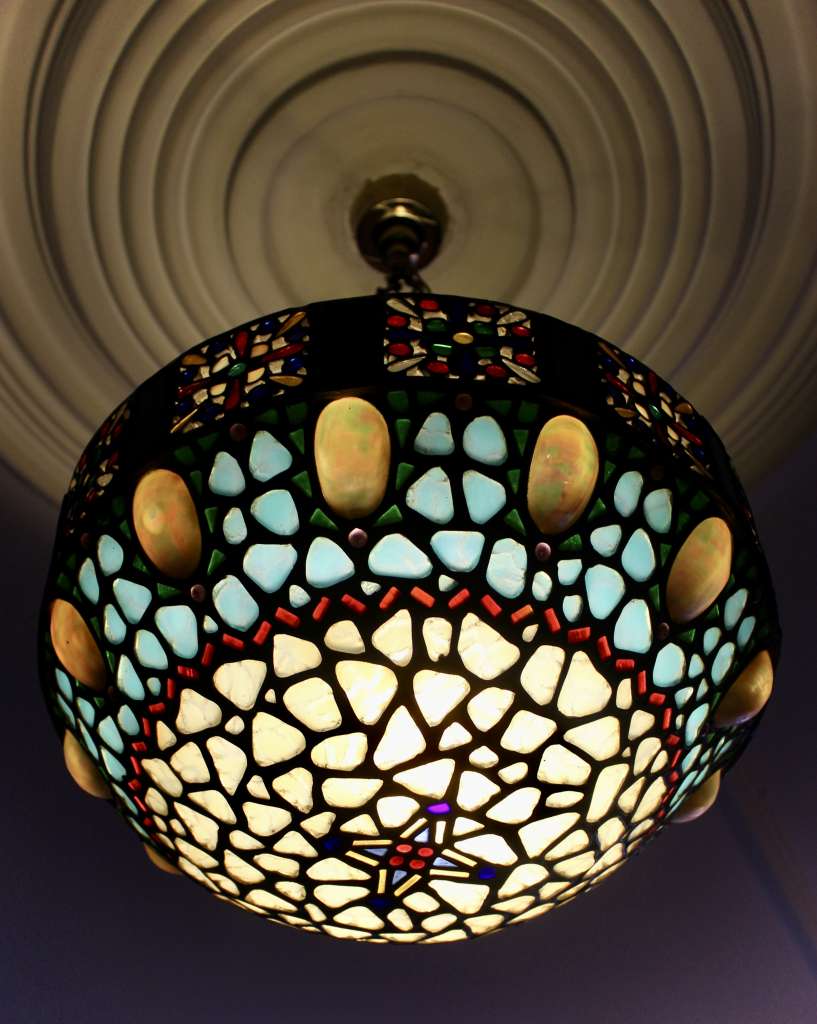 Arts and crafts abalone shell and Blue glass plafonnier ceiling shade