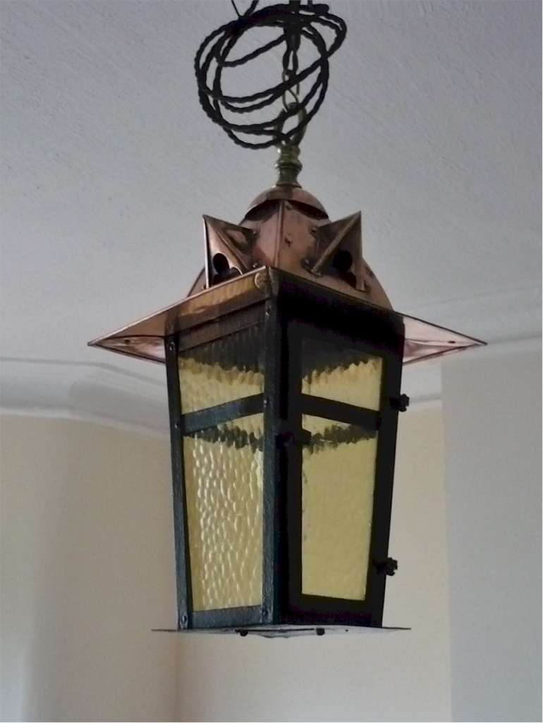 Arts and crafts ceiling light in copper , brass and steel
