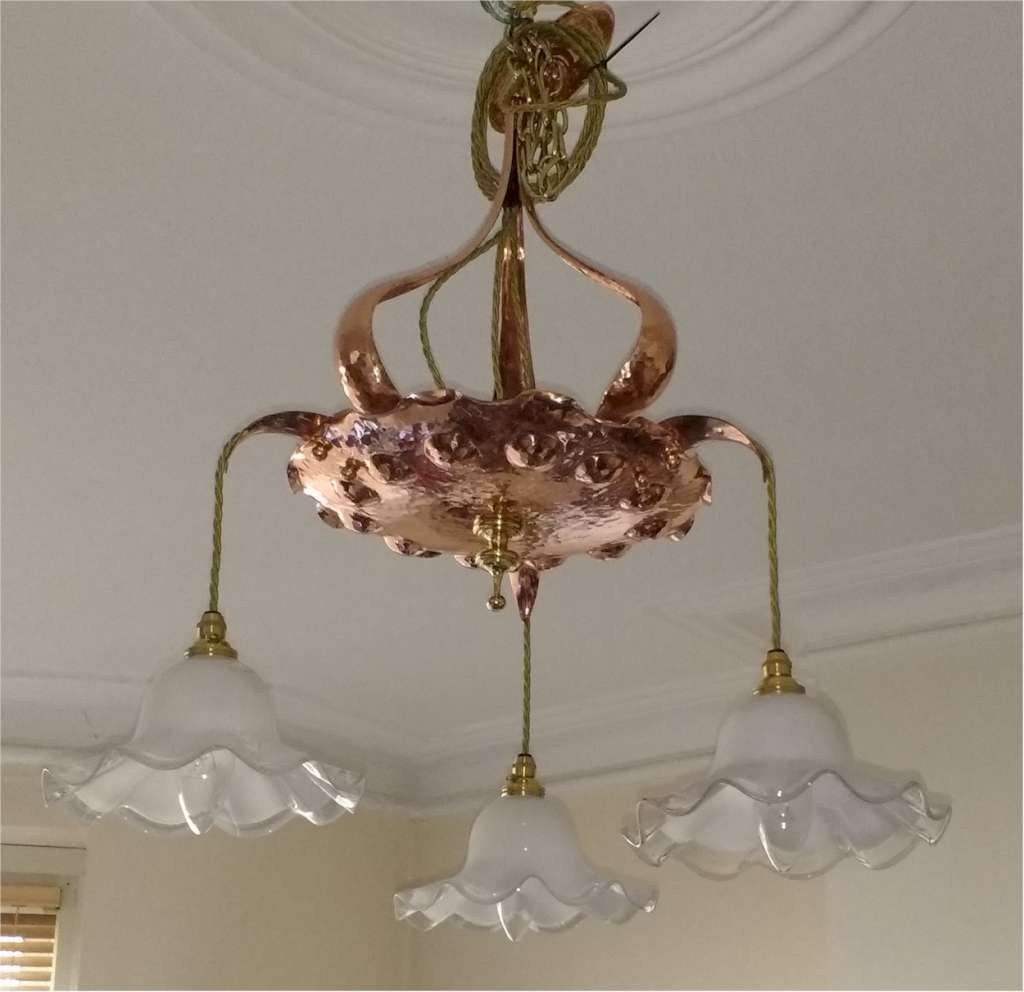 Arts and crafts ceiling light in polished copper and brass