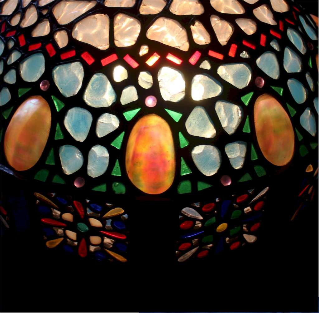 Arts and crafts abalone shell and blue glass plafonnier ceiling shade