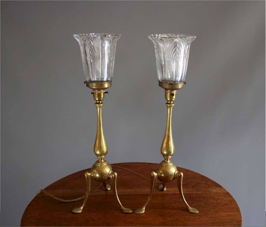 Pair of brass arts and crafts table lamps