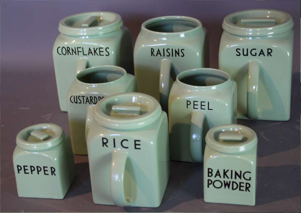 Part collection of Bristol Ware green kitchen containers. Art Furniture