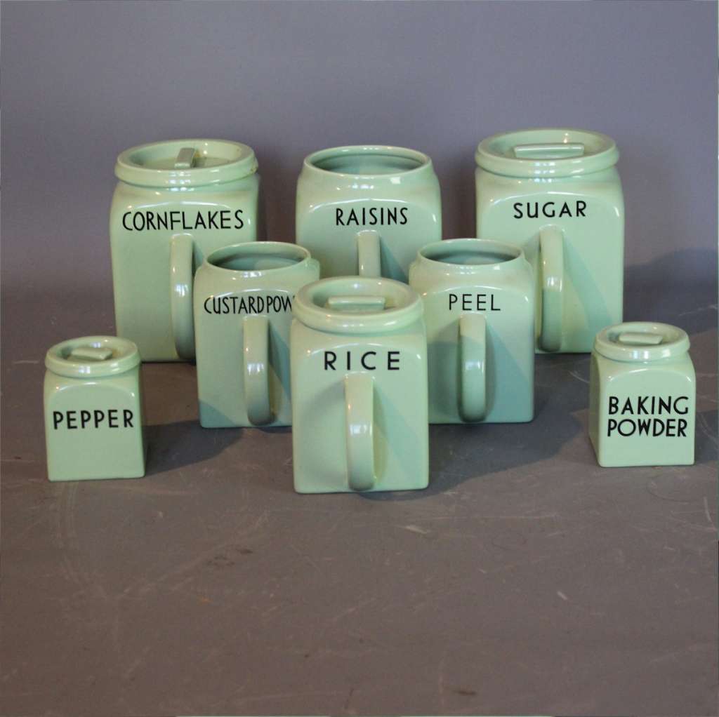 Part collection of Bristol Ware green kitchen containers. Art Furniture