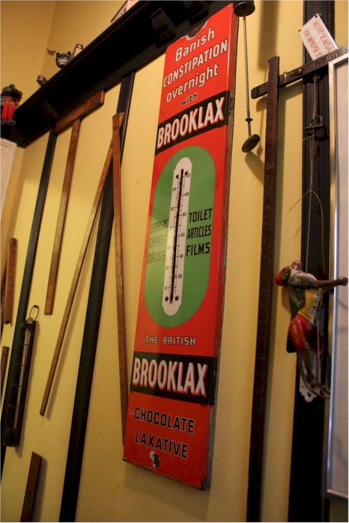 Rare vintage enamel advertising thermometer sign for Brooklax Laxative Chocolate