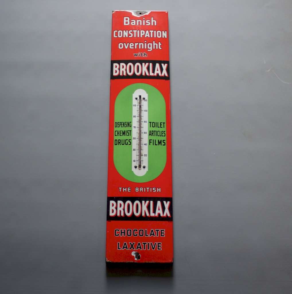 Rare vintage enamel advertising thermometer sign for Brooklax Laxative Chocolate