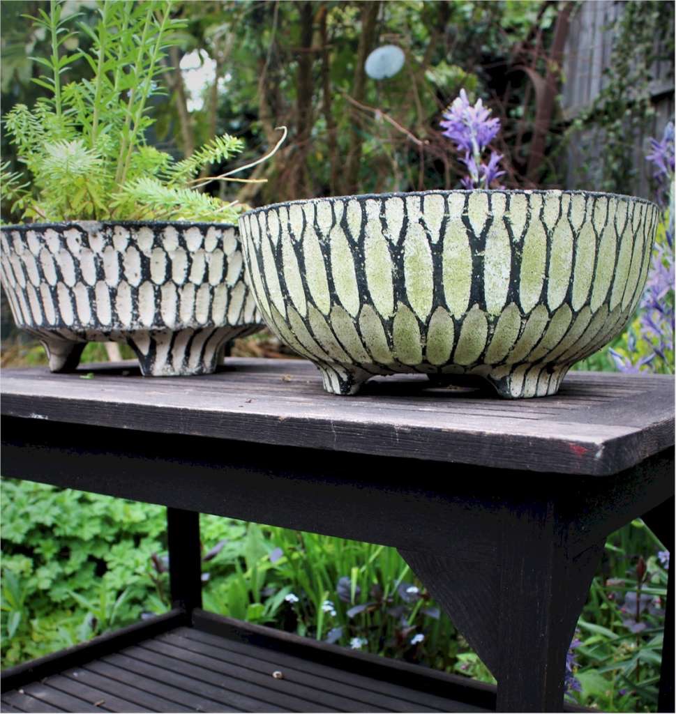 Brutalist pair of concrete garden planters