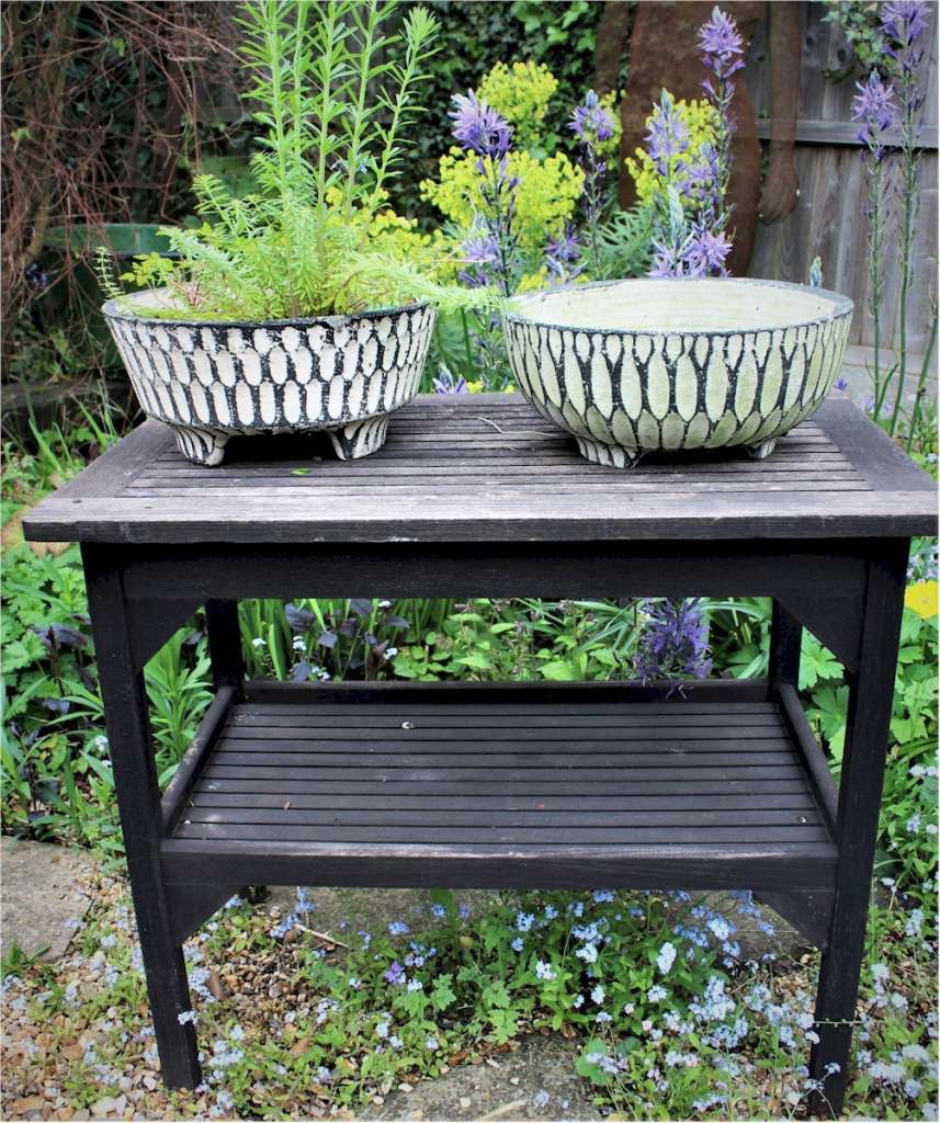 Brutalist pair of concrete garden planters