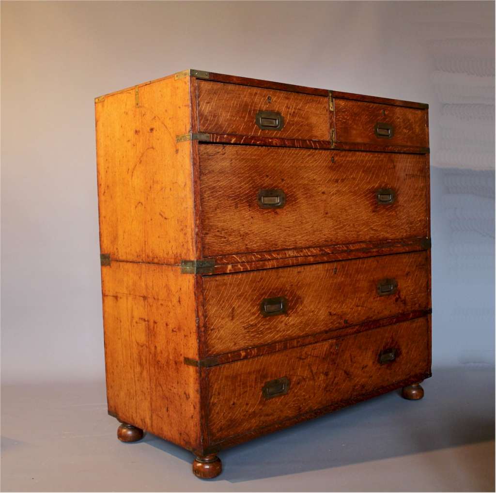 Antique campaign chest of drawers in solid oak