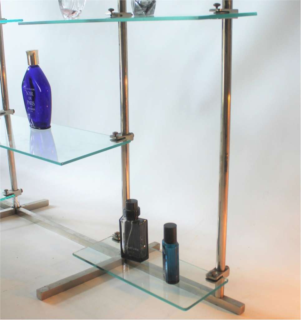 Art Deco chrome shop display stand with adjustable glass shelves