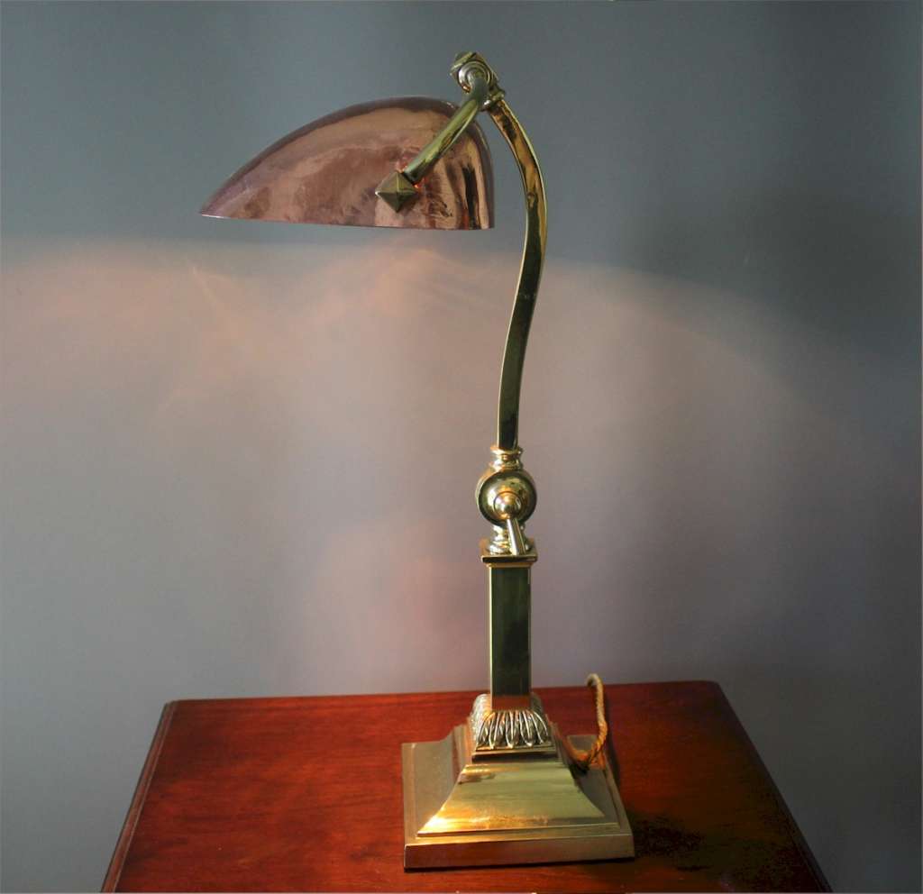 Antique bankers lamp in brass with copper shade LATEST STOCK Art