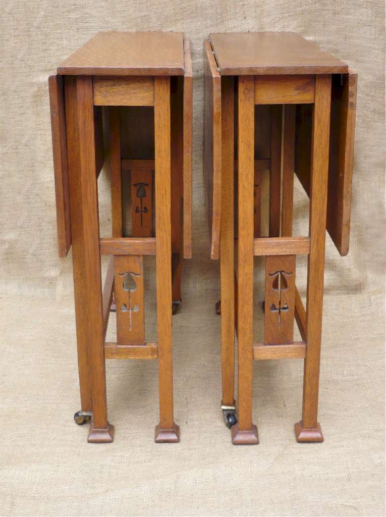 Pair of inlaid arts and crafts drop leaf tables Art Furniture